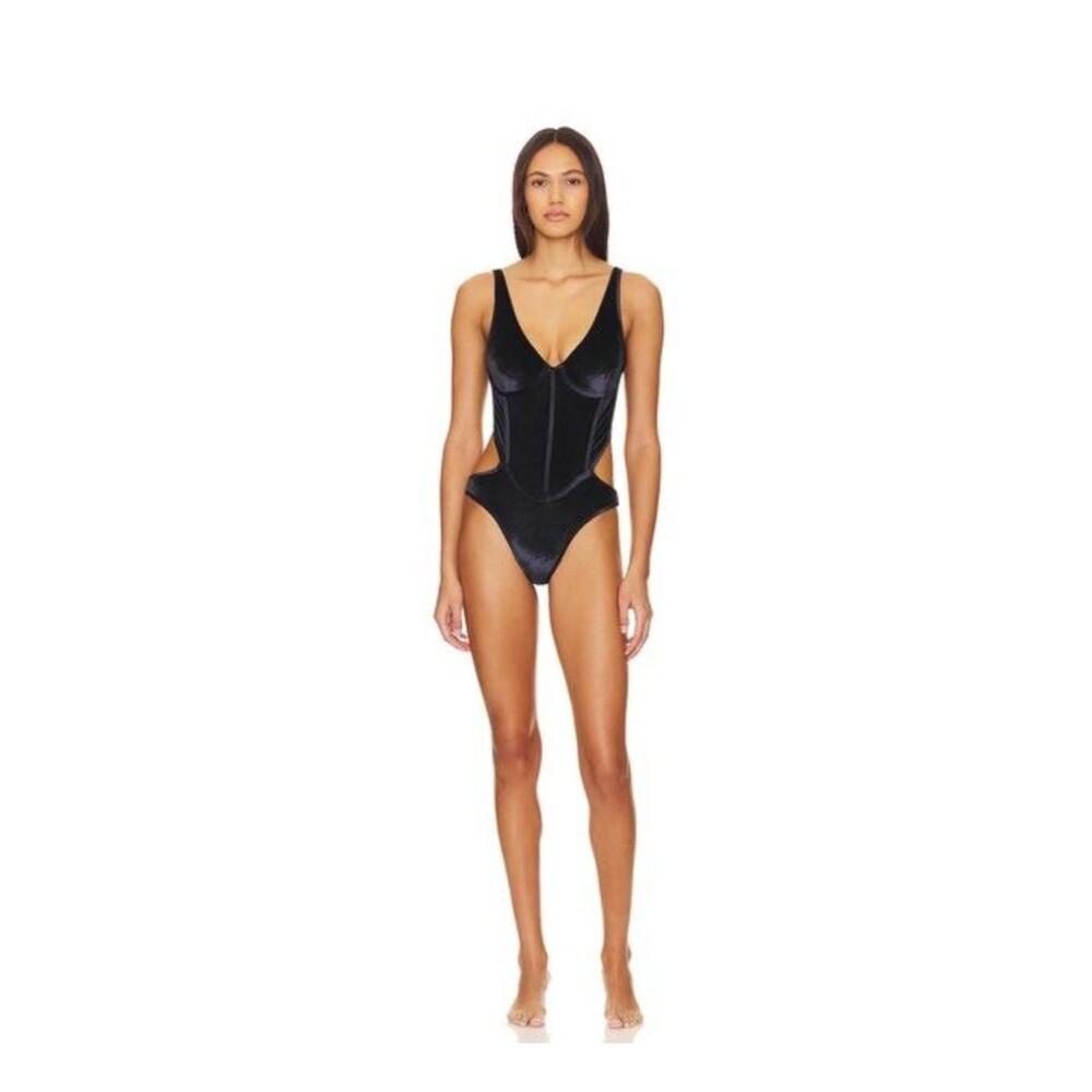 Agua Bendita Swim Velvet Corset Black Monokini-Cutout Halter- High Cut Sz Small